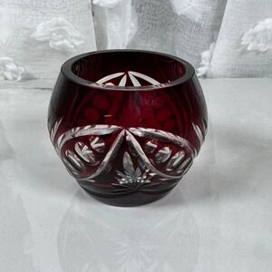 Small Ruby Red Cut to Clear Bohemian Glass Candle Holder Tea Light Votive